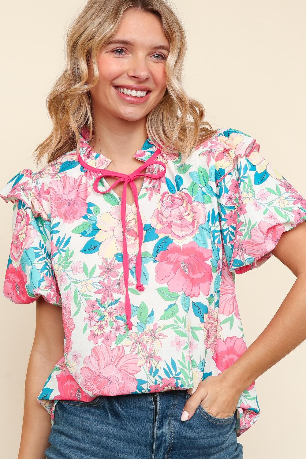 Floral Woven Ruffle Shoulder Top