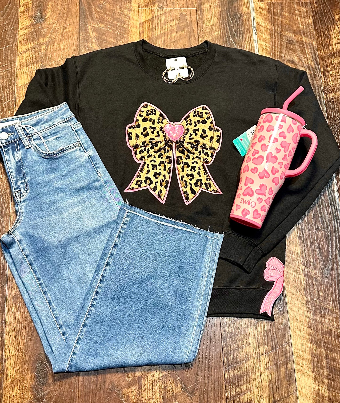 Leopard Bow & Pink Glitter Side Bows Sweatshirt