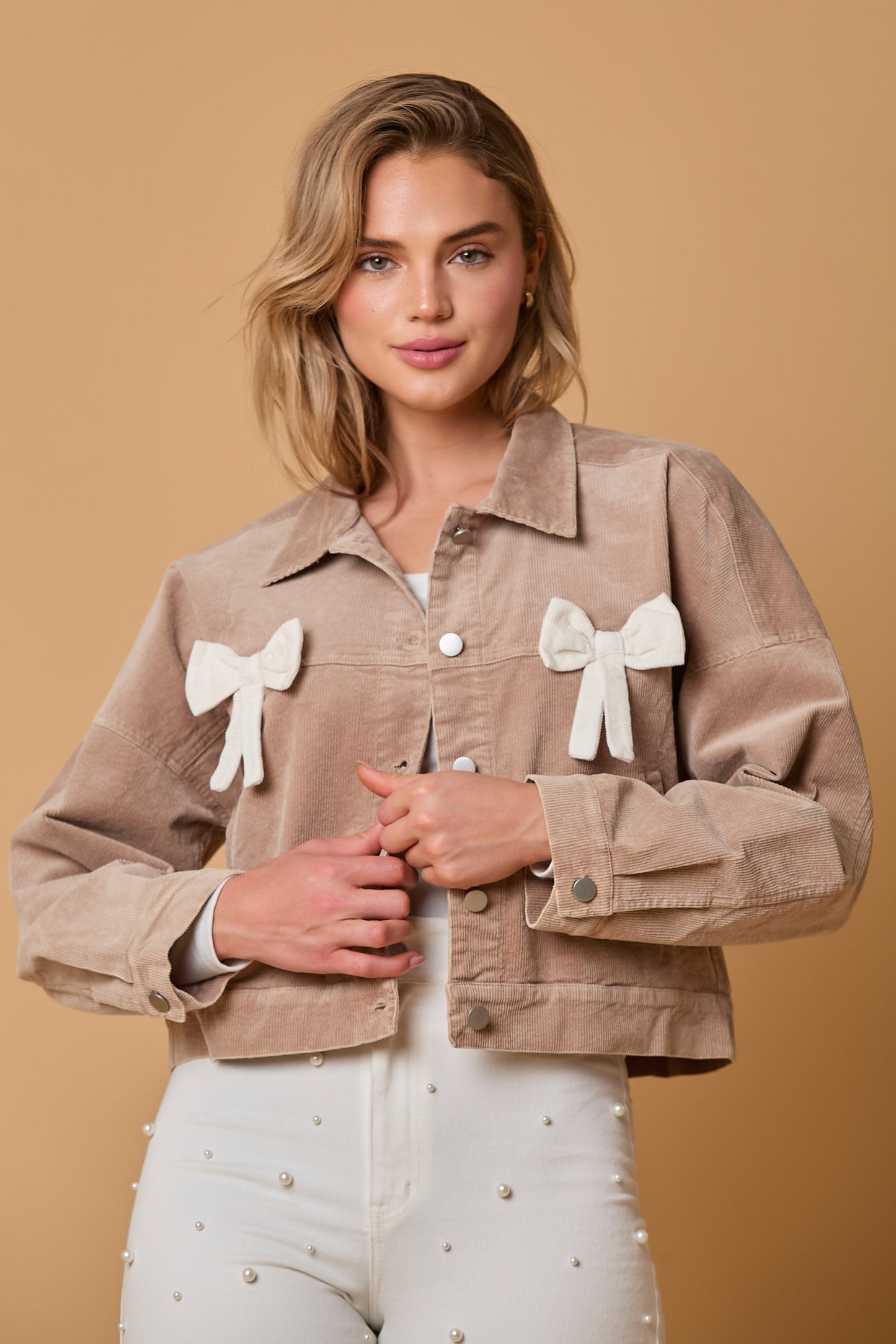 Bow-Tacked Taupe Corduroy Jacket