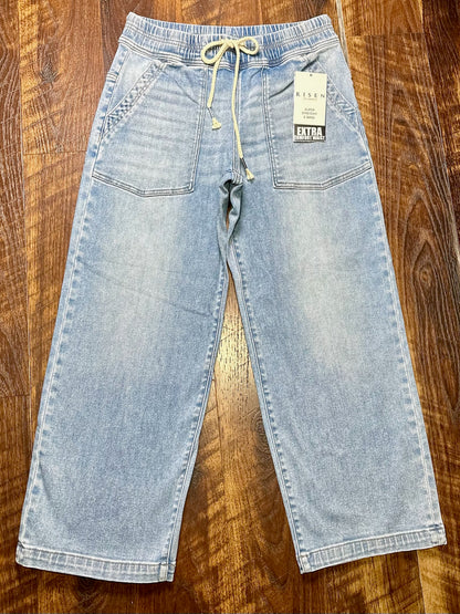 Risen Elastic Band Cropped Baggy Jeans