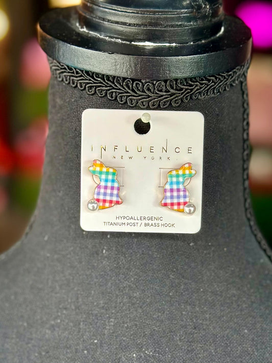 Multicolor Plaid Bunny Studs