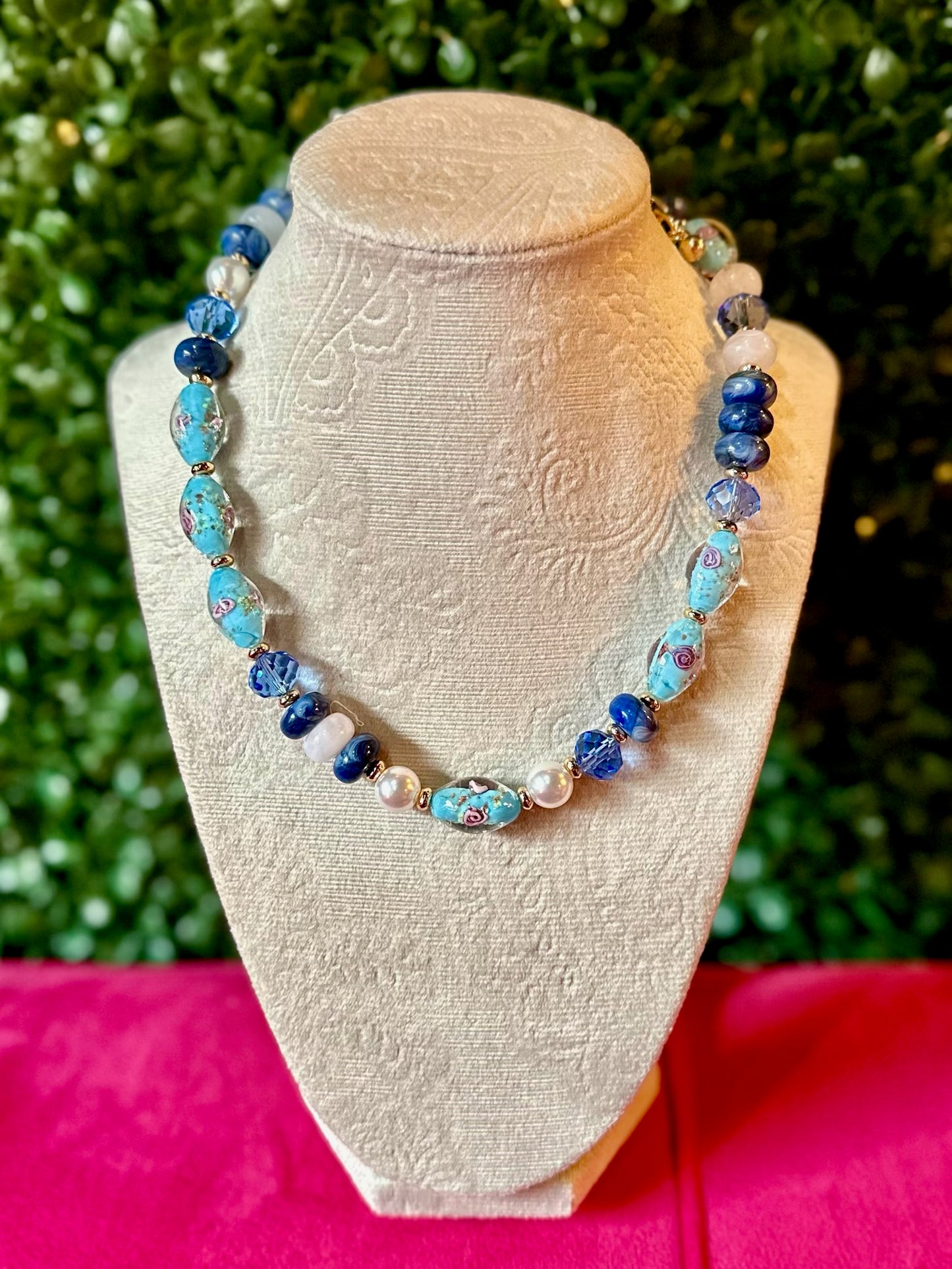 Blue & Gold Resin & Glass Beaded Necklace