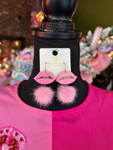 Pink Glitter Lips & Pompom earrings