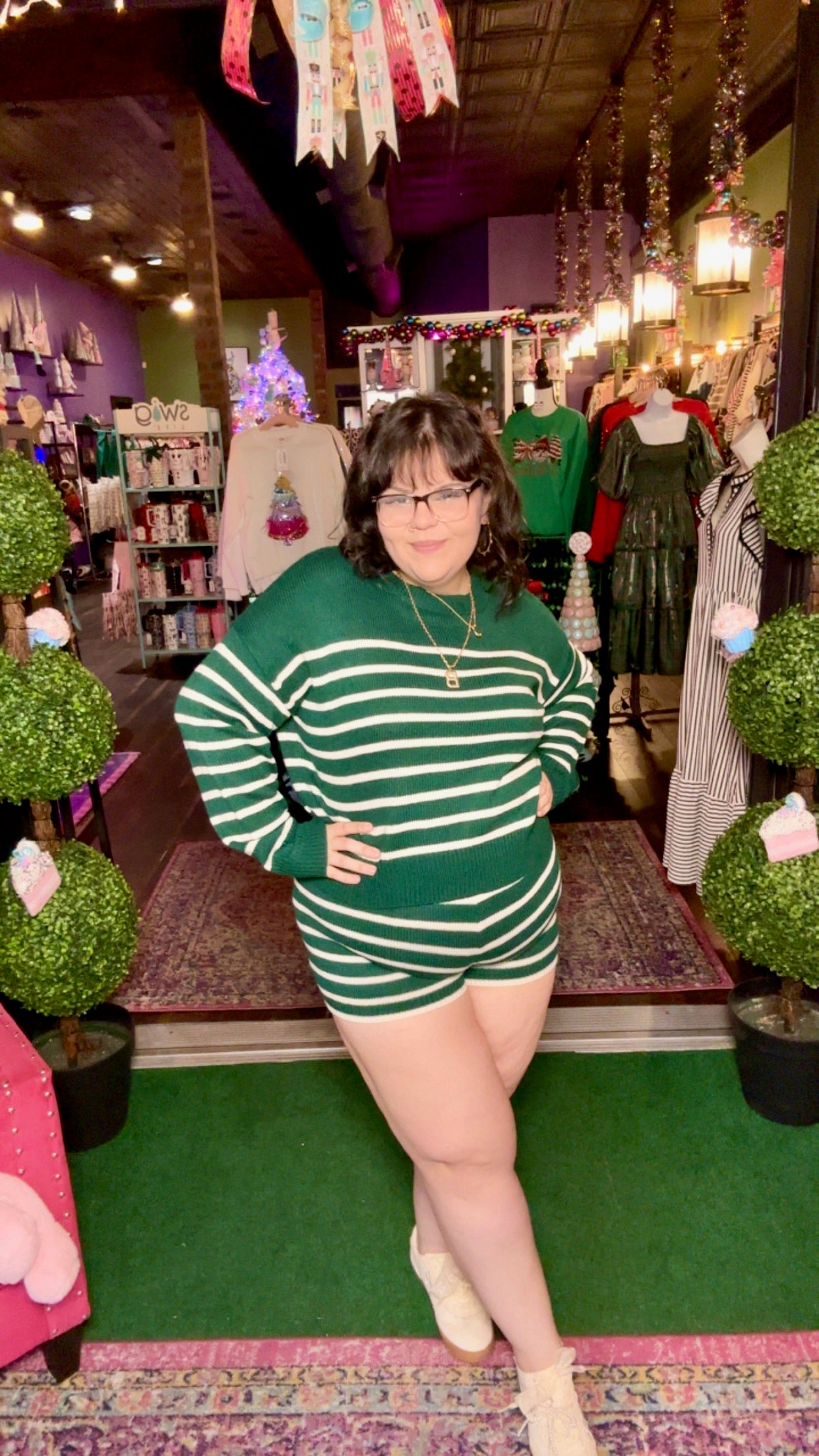 Dark Green & Cream Striped Set