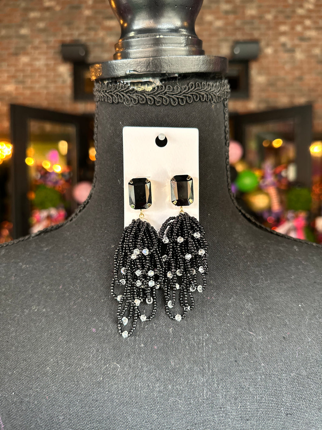 Black Jewels w/ Beaded fringe earrings