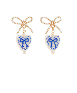 Rhinestone & Painted Ceramic Bow Heart Earrings