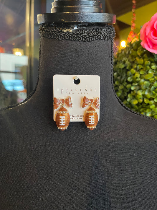 Glittery Football & Bow Drop Earrings