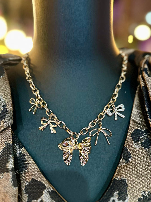Gold Multi Bow Charm Necklace