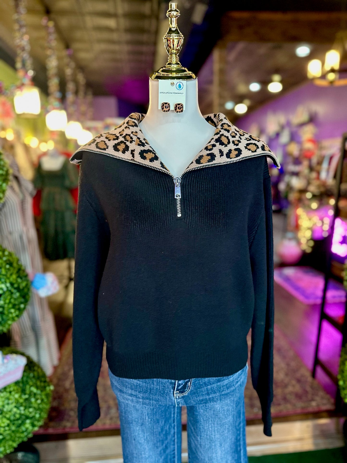 Black & Leopard Mock Neck Front Zip Sweater