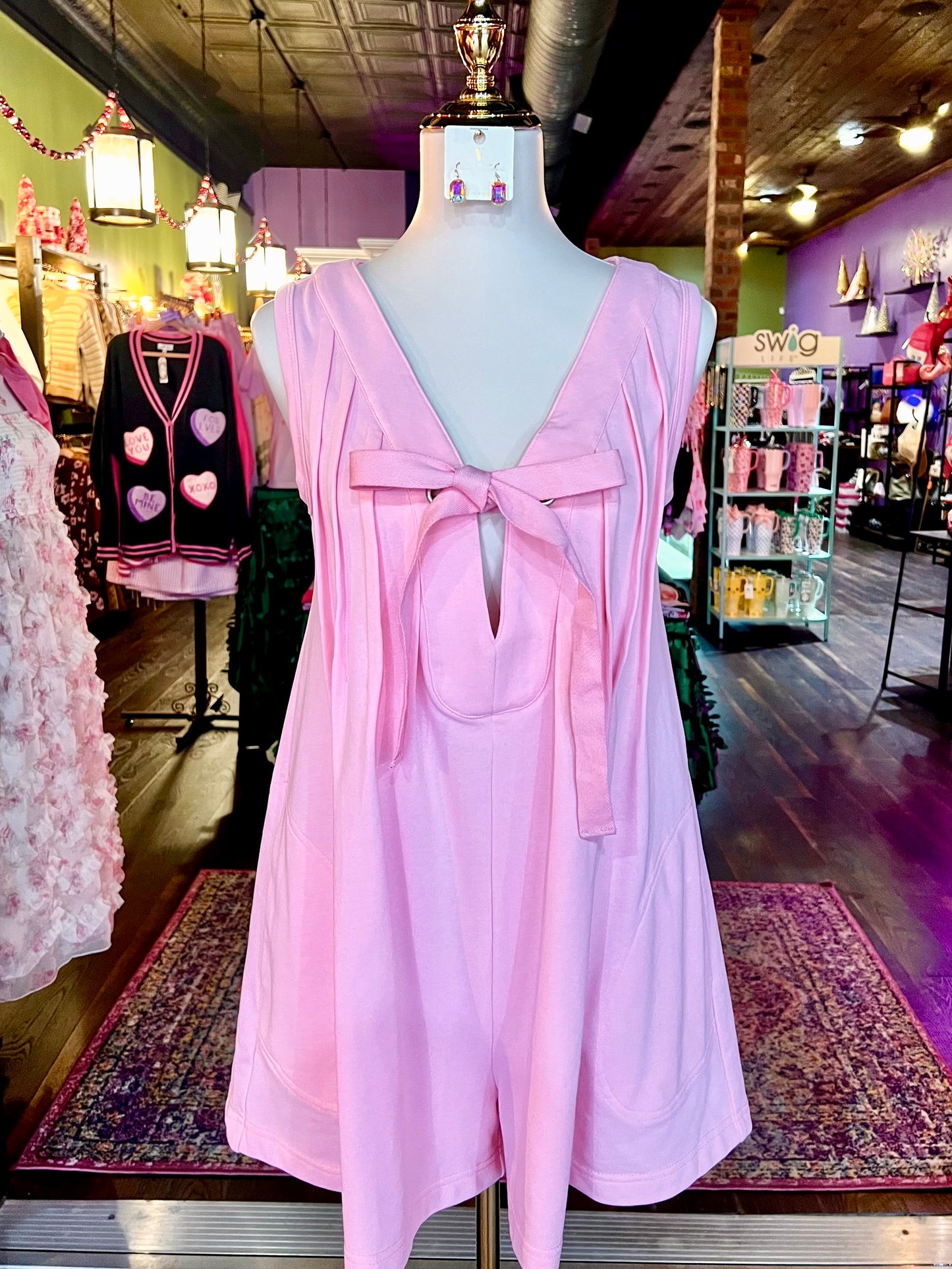 Light Pink Front Tie Pleated Terry Romper
