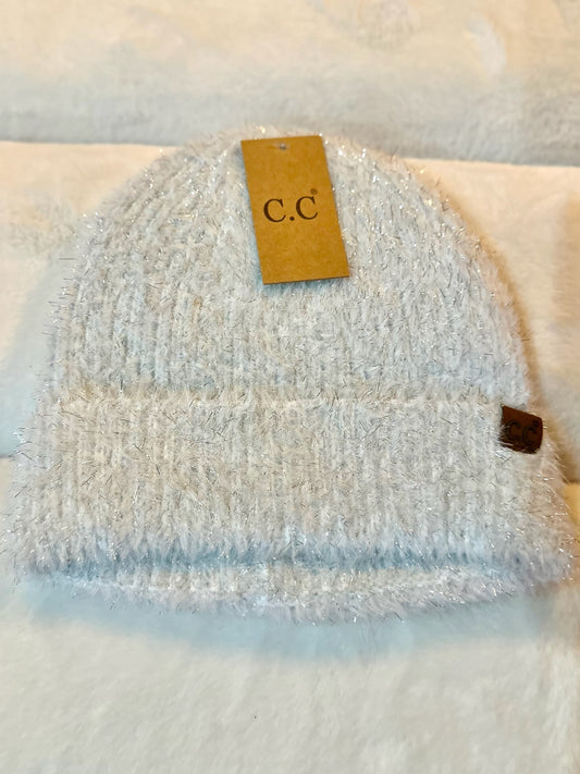 White Metallic Eyelash Cuff Beanie