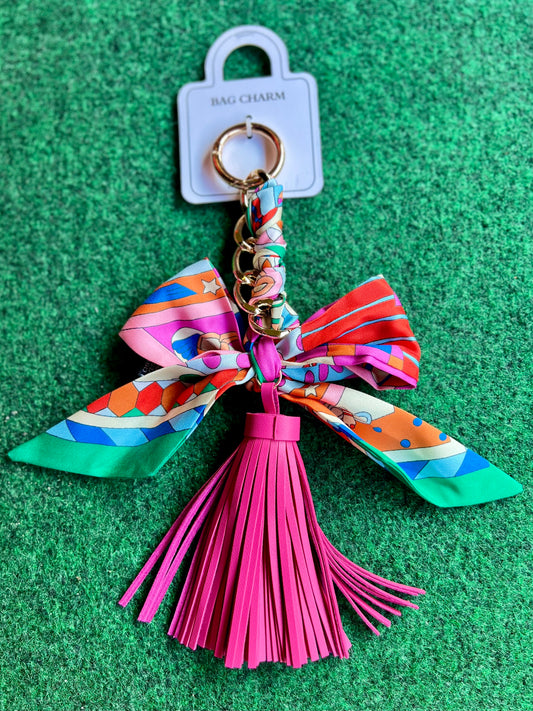 Mixed Print Scarf Bow & Tassel Bag Charm