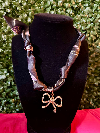 Rhinestone Bow Charm Scarf Necklace