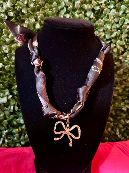 Rhinestone Bow Charm Scarf Necklace
