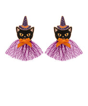 Load image into Gallery viewer, Black Cat Witch &amp; Lace Cape Earrings
