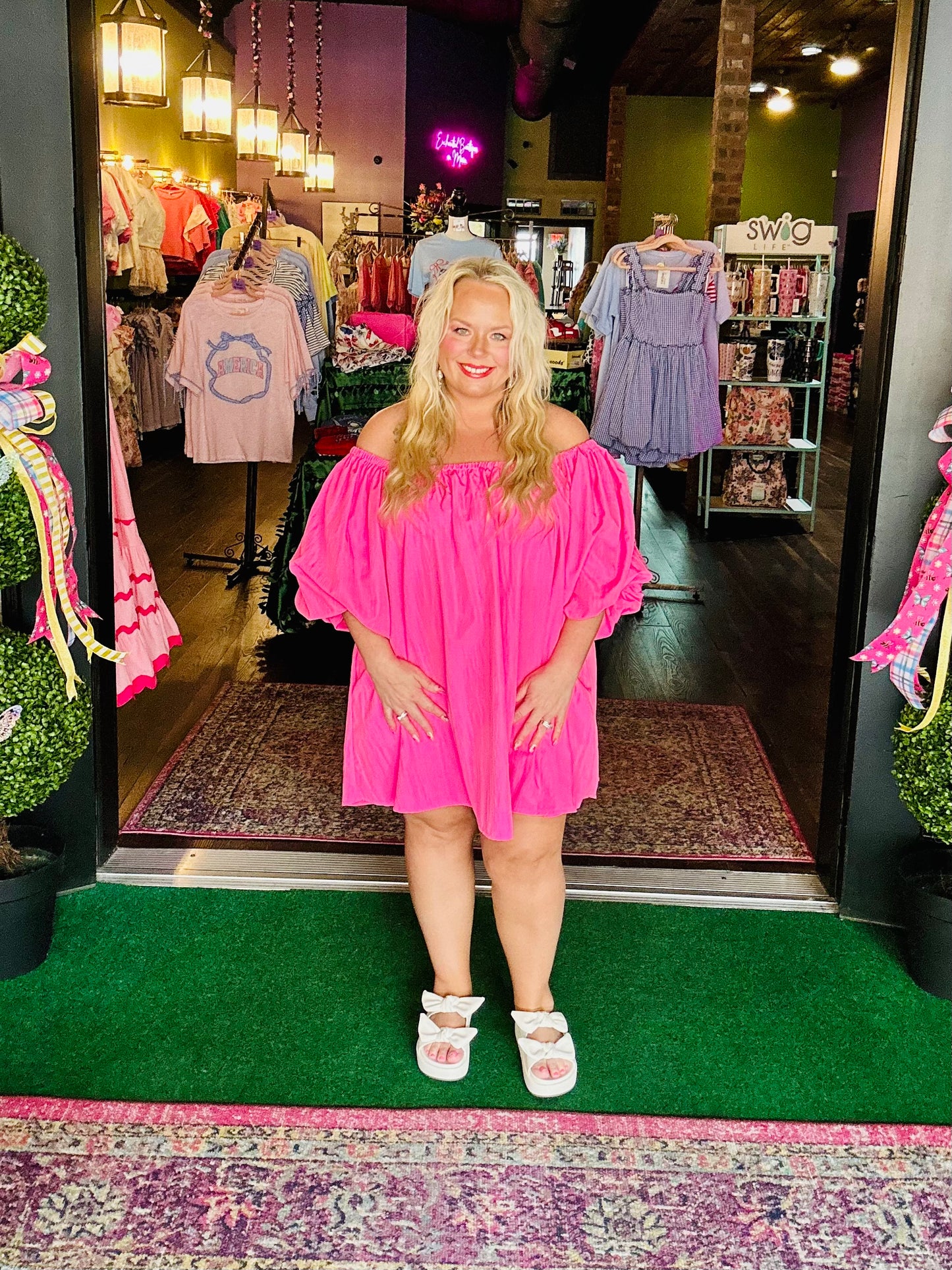 Hot Pink Puff Sleeve Mini Dress