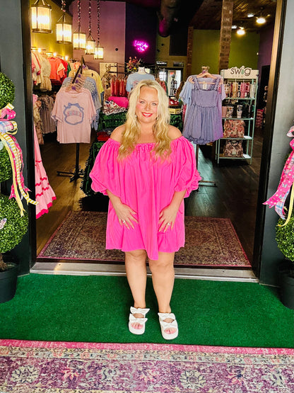 Hot Pink Puff Sleeve Mini Dress