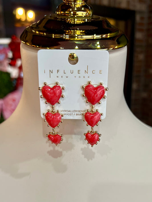 Red Heart Three Drop Earrings