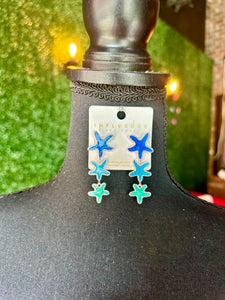 Blue Linear Drop Starfish Earrings