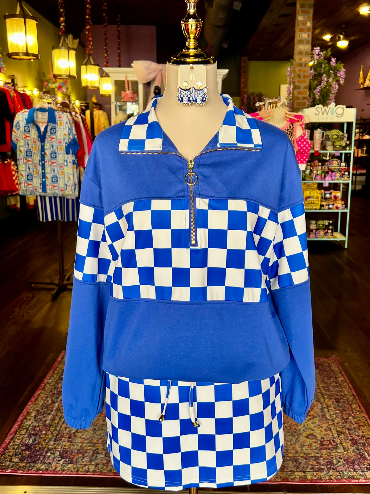 End Zone! Blue Checkered Pullover