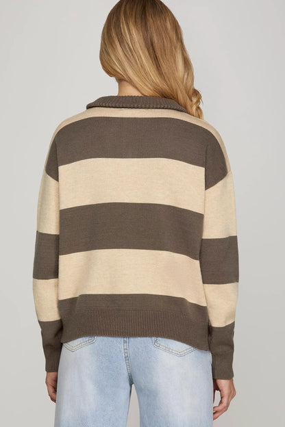 Mocha Striped Half Zip Sweater