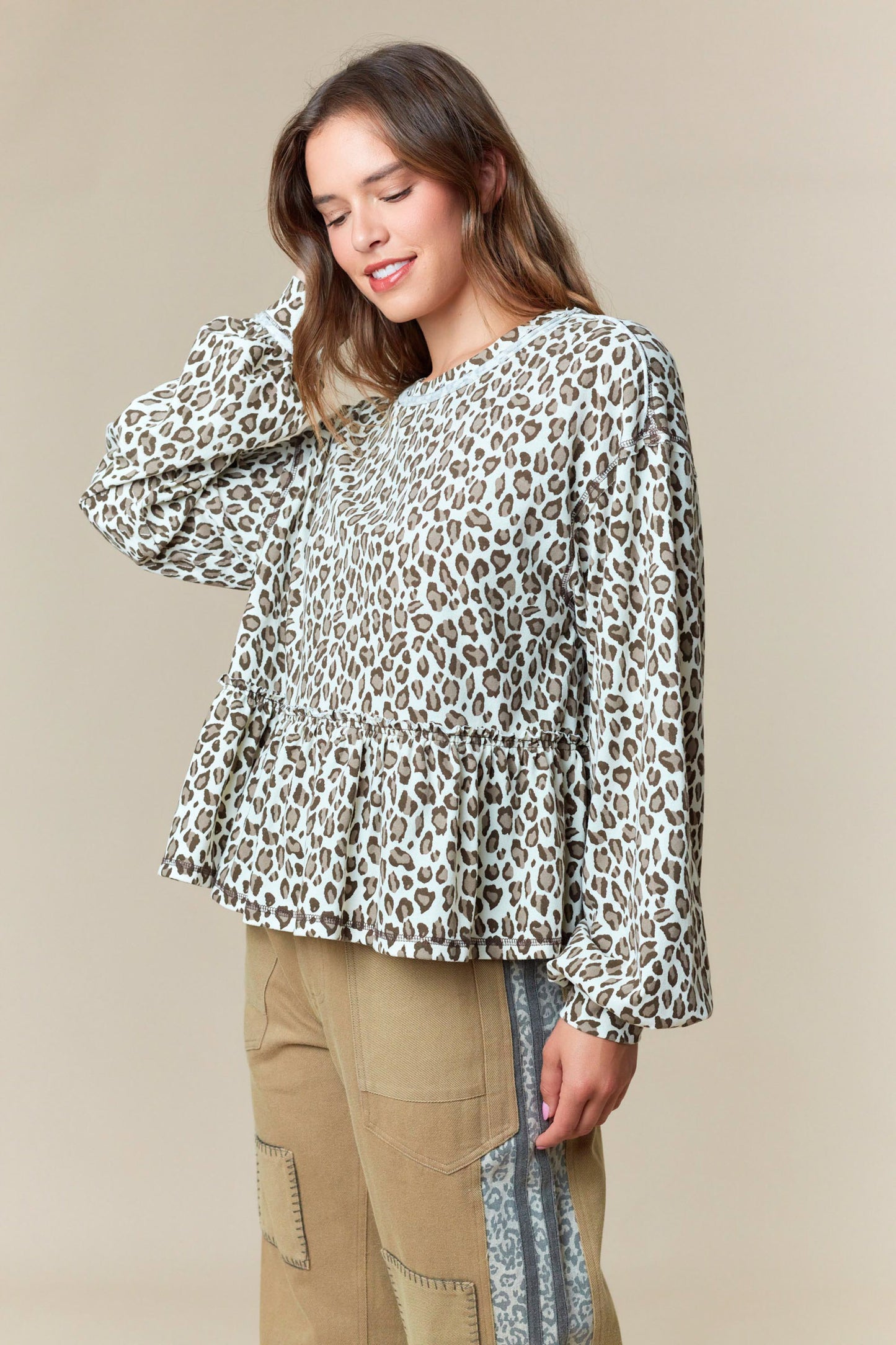 Leopard Print French Terry Ruffle Hem Sweatshirt