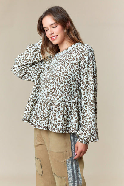 Leopard Print French Terry Ruffle Hem Sweatshirt