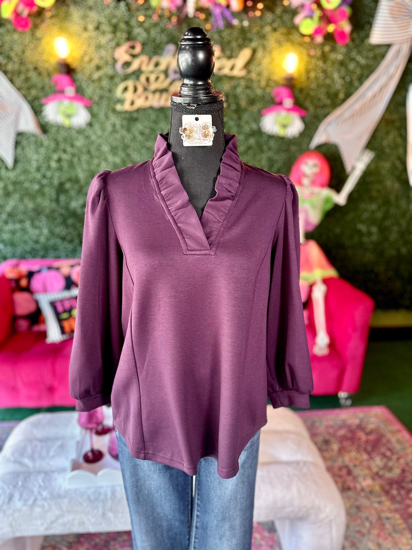 Plum Luxeknit Puff Sleeve Ruffle Neck Blouse