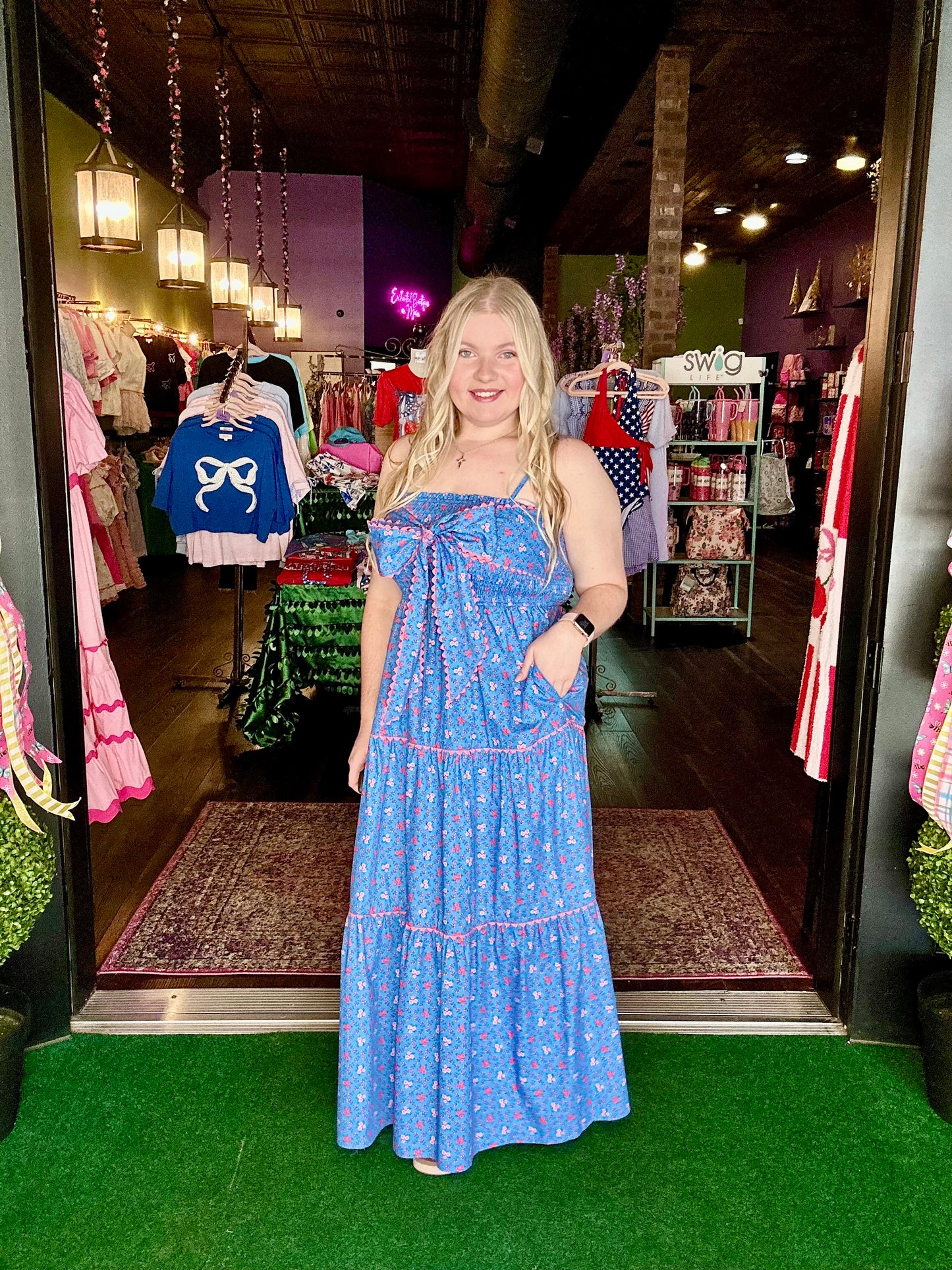 Blue Floral Front Bow Tie Maxi Dress