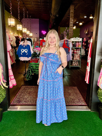 Blue Floral Front Bow Tie Maxi Dress