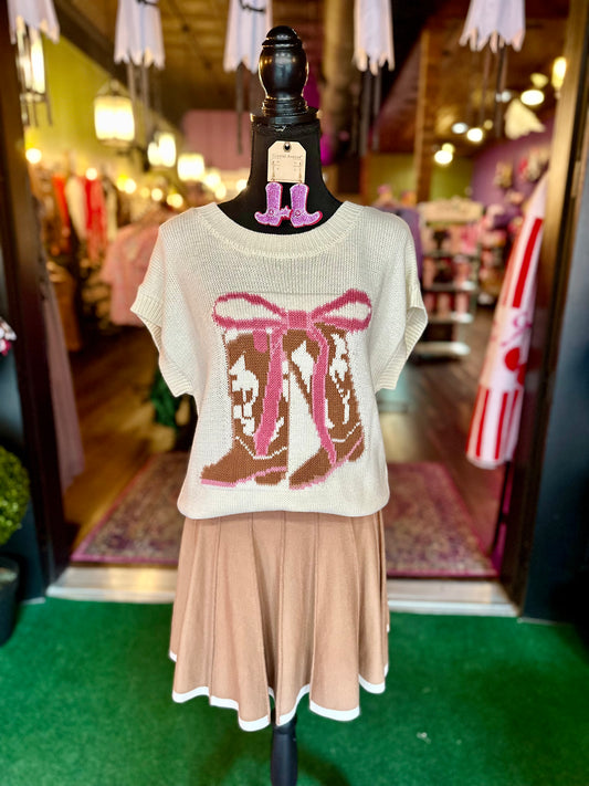 Cream Short Sleeve Boot Print Knit Sweater