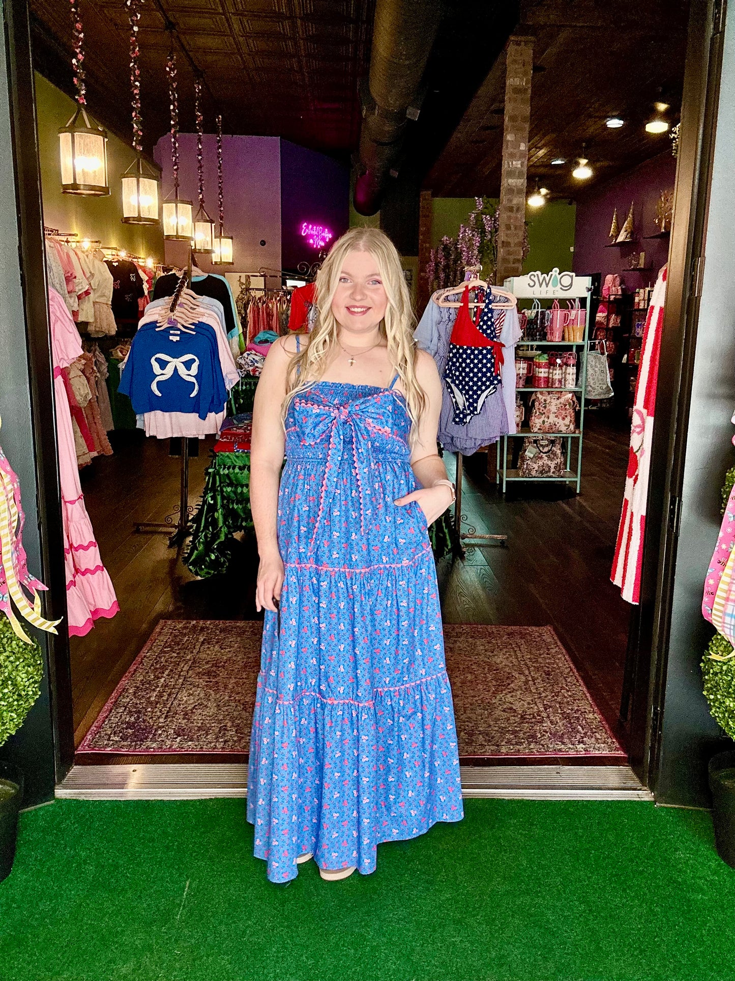 Blue Floral Front Bow Tie Maxi Dress