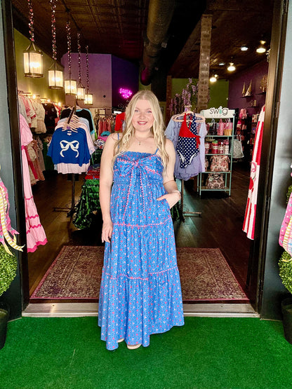 Blue Floral Front Bow Tie Maxi Dress