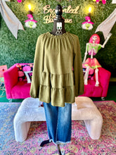 Load image into Gallery viewer, Olive Pleated Babydoll Top
