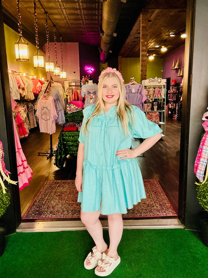 Turquoise Half Sleeve Button Up Dress