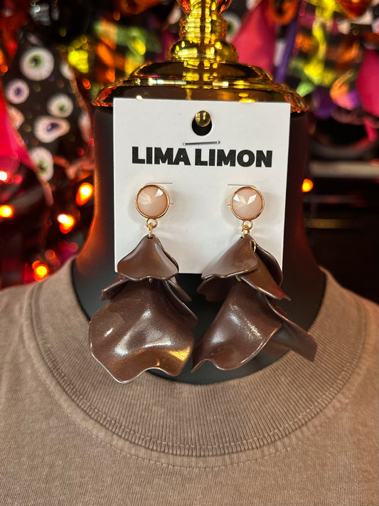 Ivory Stud & Brown Petal Drop Earrings