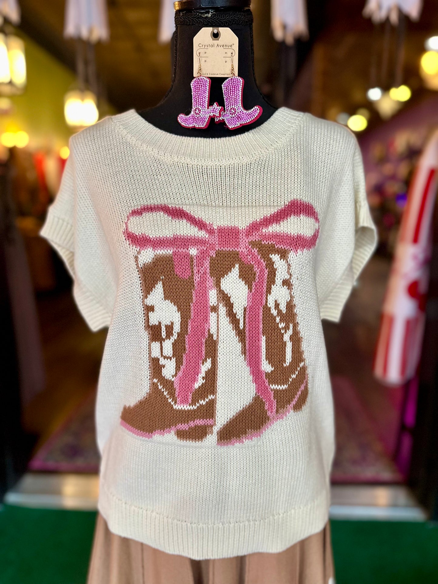 Cream Short Sleeve Boot Print Knit Sweater