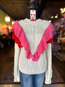 Cable Knit Sweater w/ Contrast Ruffled Accent