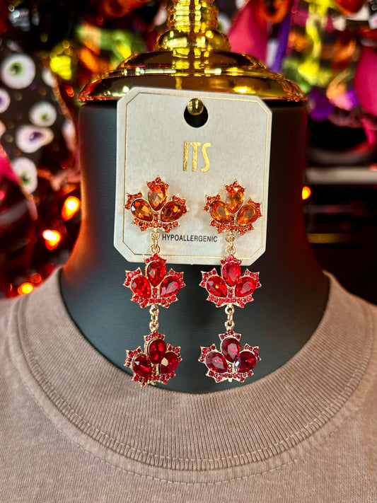 Triple Rhinestone Maple Leaf Earrings