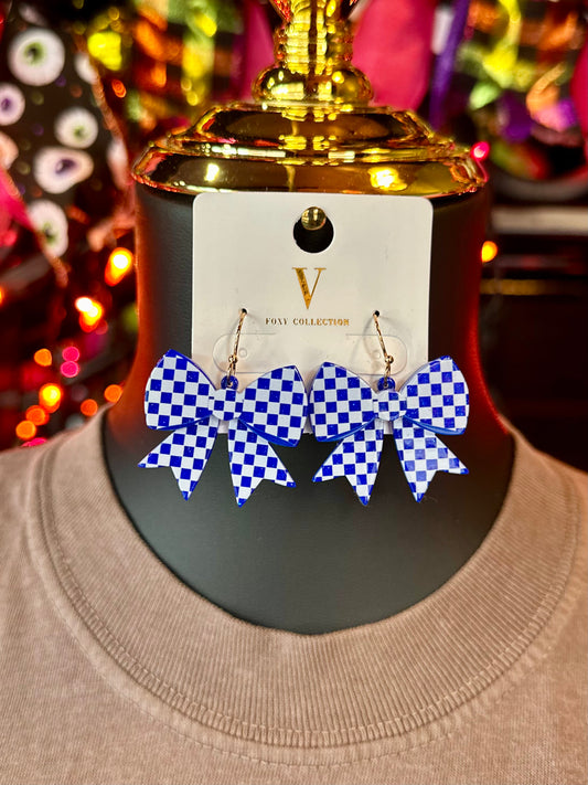 Blue/White Checkered Bow Earrings