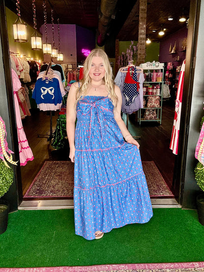 Blue Floral Front Bow Tie Maxi Dress