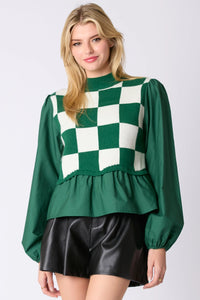 Hunter Green Checkered Print Peplum Sweater Top