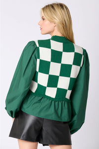 Hunter Green Checkered Print Peplum Sweater Top