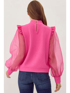 Hot Pink Sheer-Sleeve Blouse