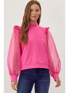 Hot Pink Sheer-Sleeve Blouse