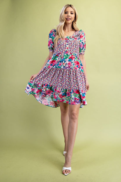 Mixed Floral Print Tiered Dress