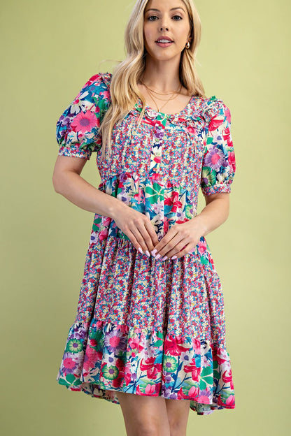 Mixed Floral Print Tiered Dress