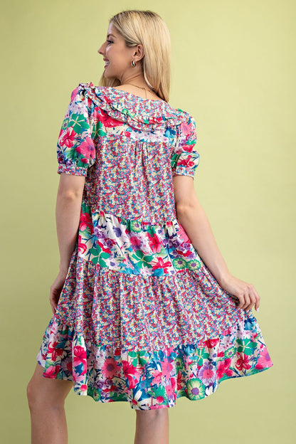 Mixed Floral Print Tiered Dress