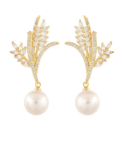 Gold Pave Branch & Pearl Earrings