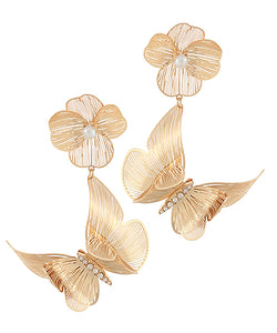 Gold Flower & Butterfly Drop Earrings